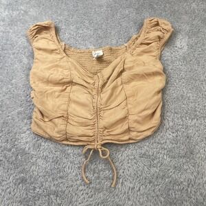 Japna Crop Top Womens  M Tan Ruched Front Smocked Back Cap Sleeve Corset